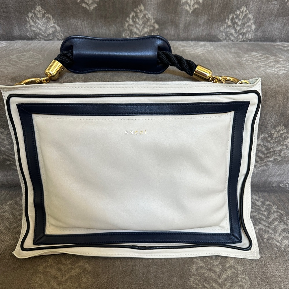 Sacai Padded Leather Shoulder Bag in Cream and Navy